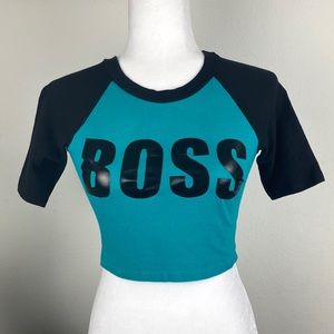 🌻Boss print Teal & black crew neck baseball crop